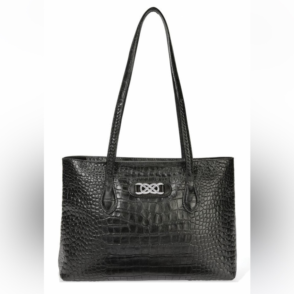 Brighton Kelley Zip Tote Black Croc Purse Bag Interlok Collection Like New